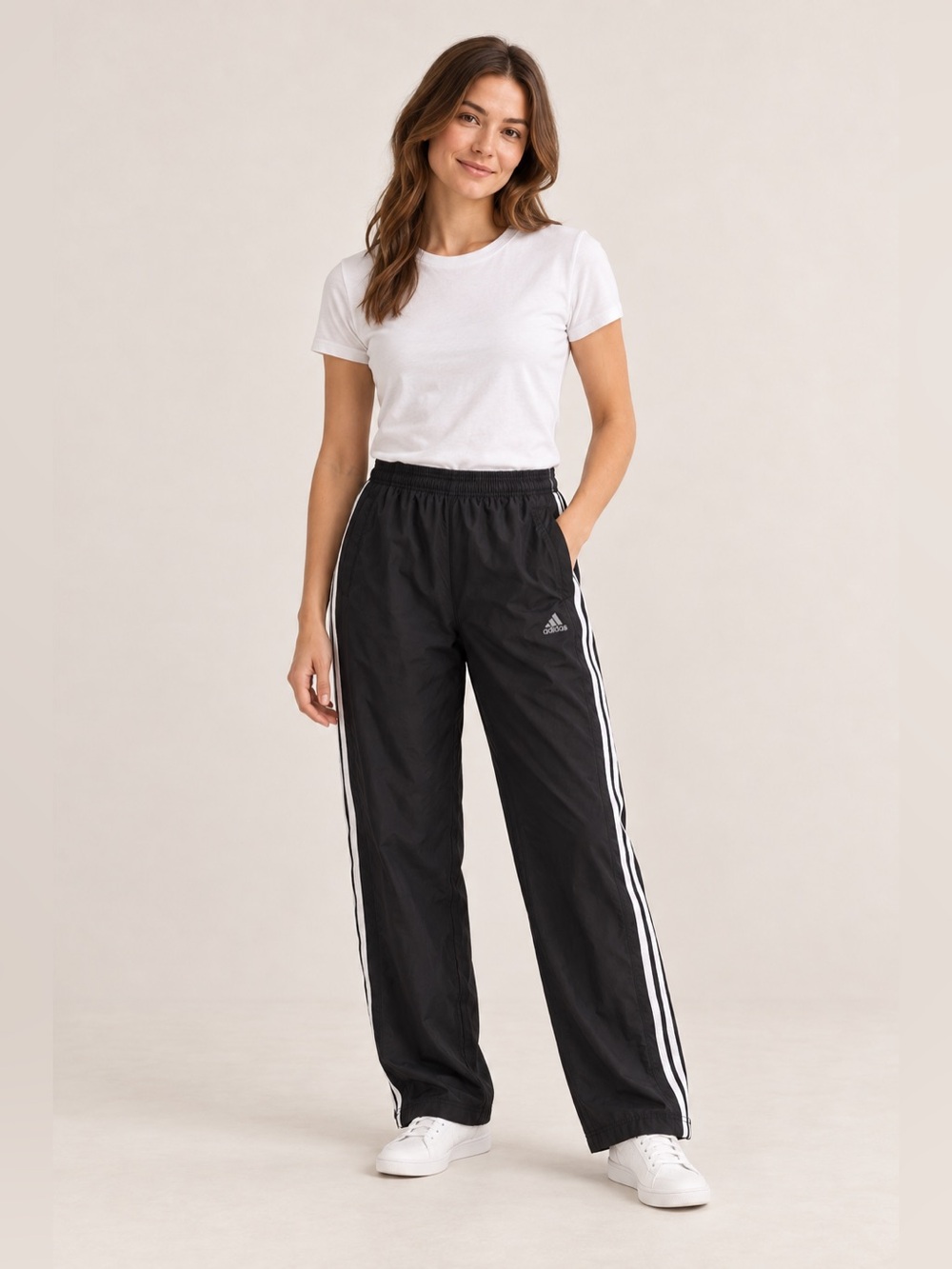 Adidas Black White Three Stripe Wide Leg Track Pants Women’s S